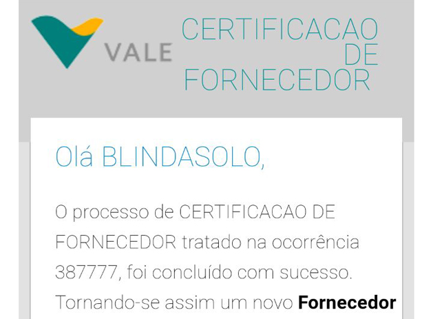 Certificado de Fornecedor da VALE